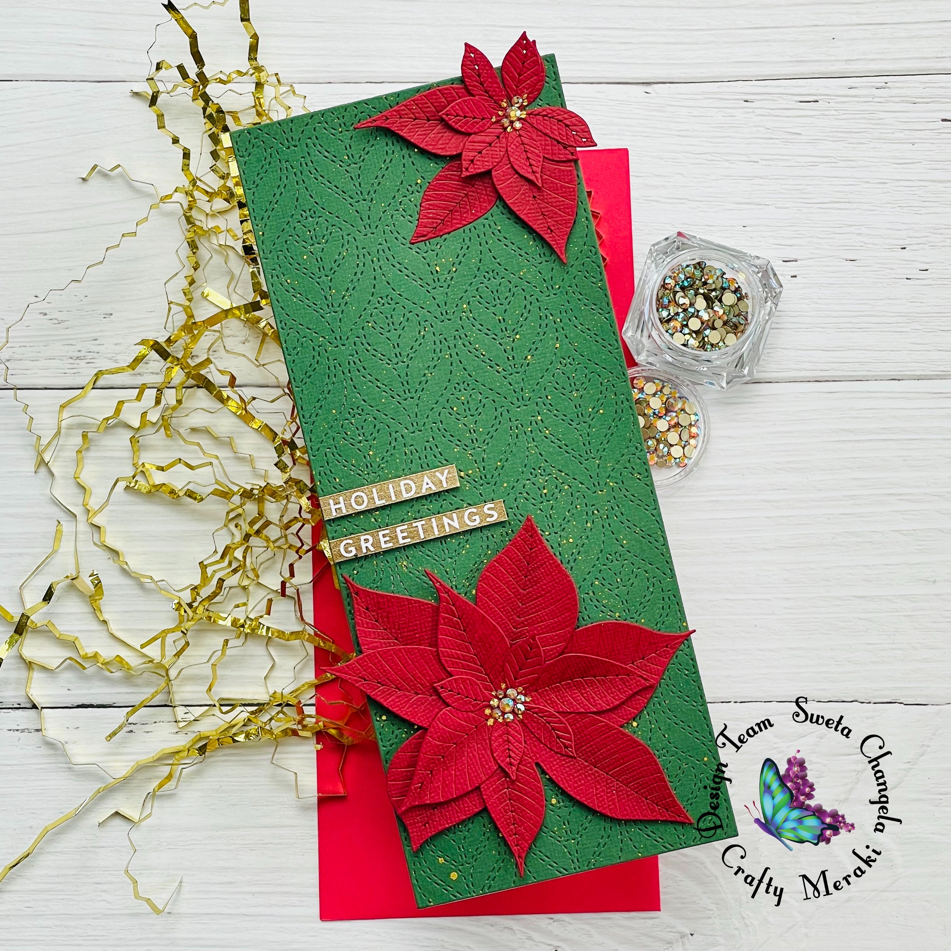 Traditional holiday card with Poinsettias and Parisienne die.