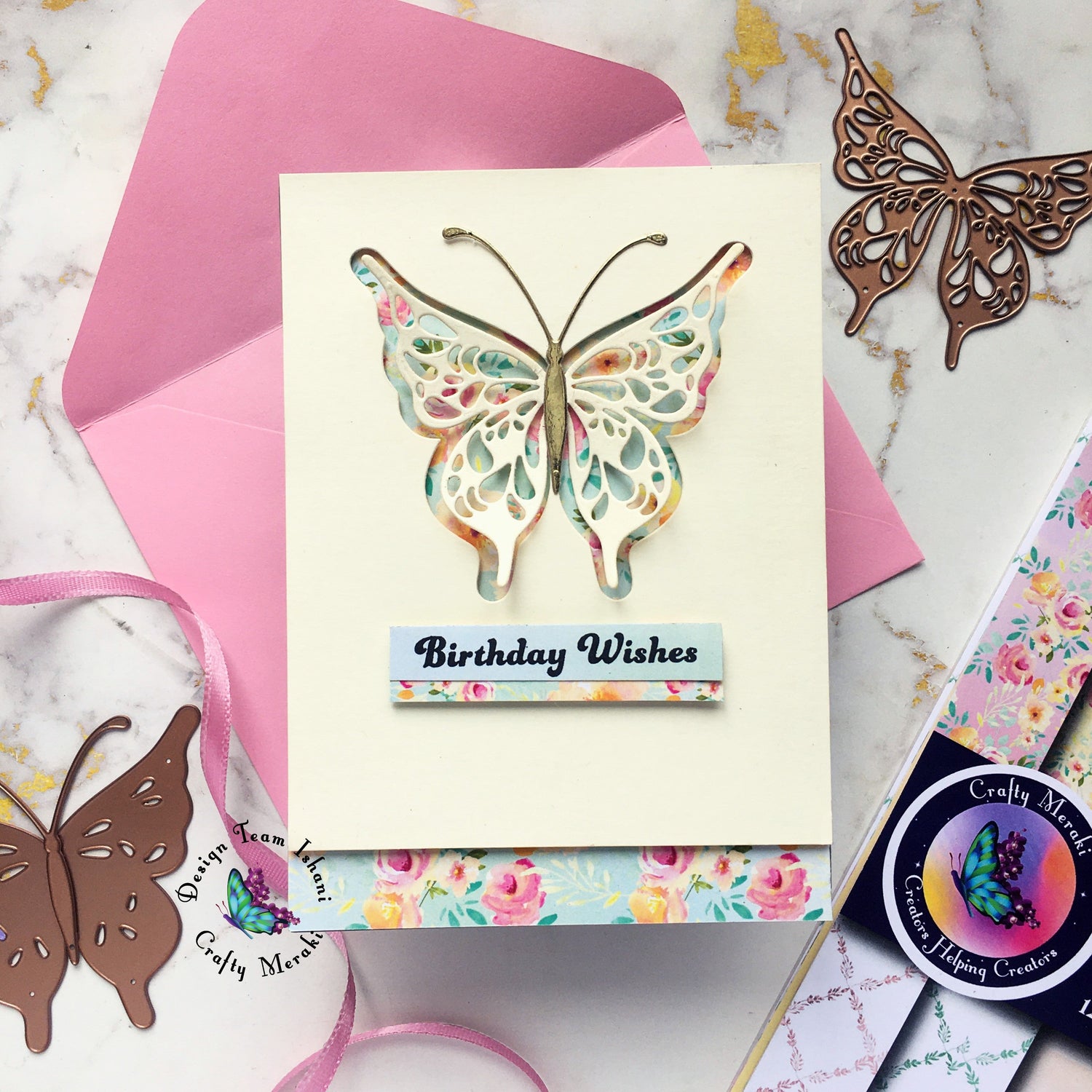 CAS card with Butterfly die - Negative Die-cutting,Luna Meraki Para dies and Floral pattern Paper - For the love of flowers
