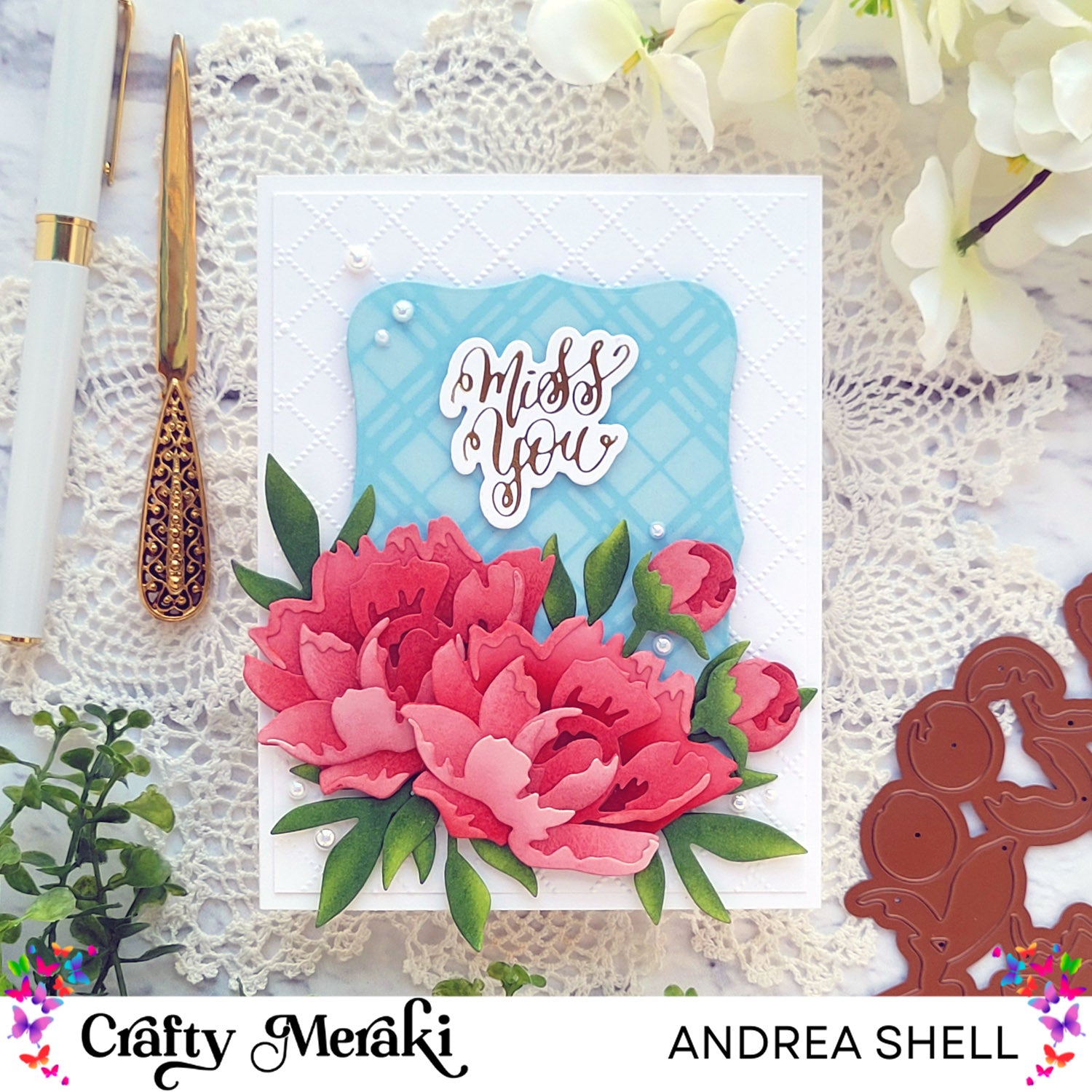 Miss You Card with the New Peony Artisan Flora Dies