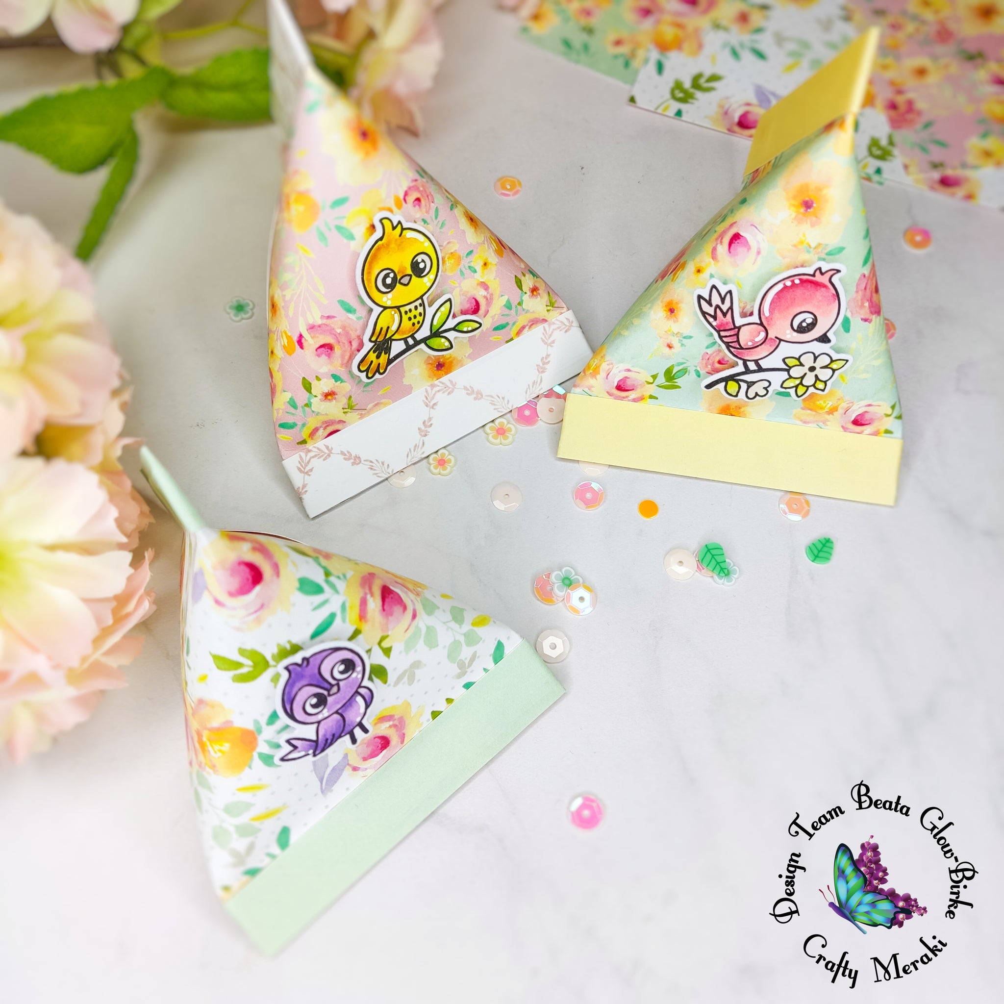 Triangular candy pockets with Crafty Meraki papers