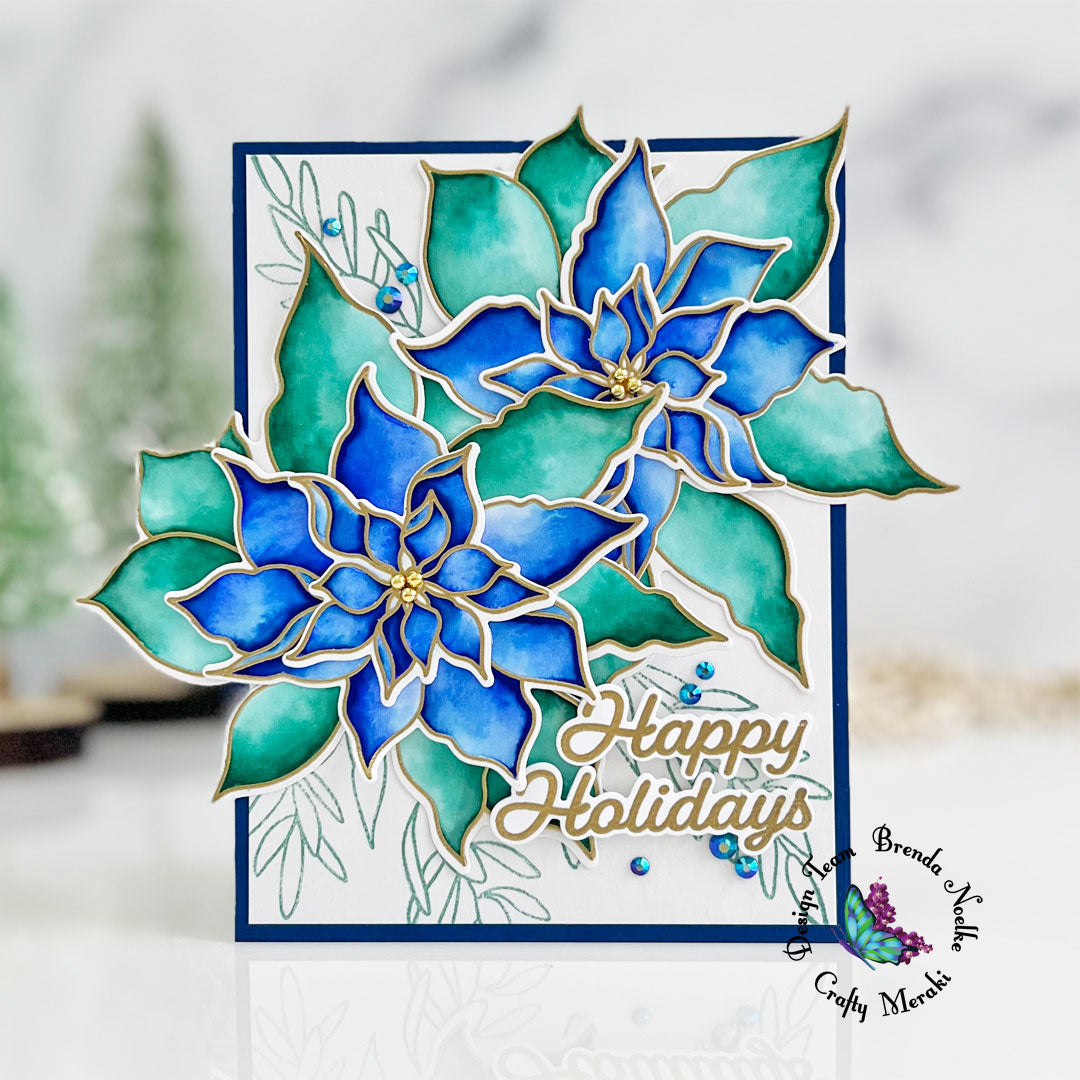 Blue Watercolored Poinsettia Holiday Card by Brenda