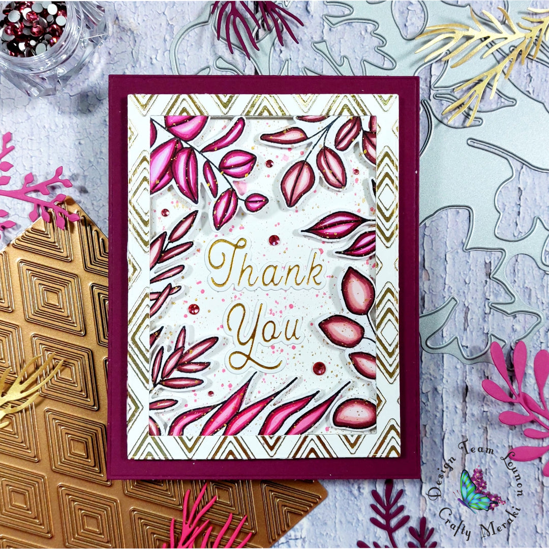 Leafy pink and gold thank you card